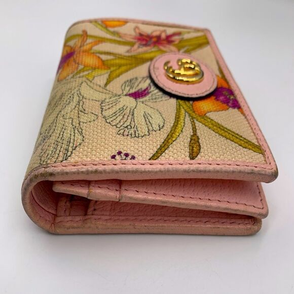 Ltd Edition GUCCI GG Logo Japanese Floral Pinks Leather Canvas Sml Bifold Wallet - Picture 4 of 10